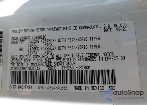 2021 Toyota Tacoma Sr z USA, uszkodzony, nr VIN 3TYRX5GN6MT031312